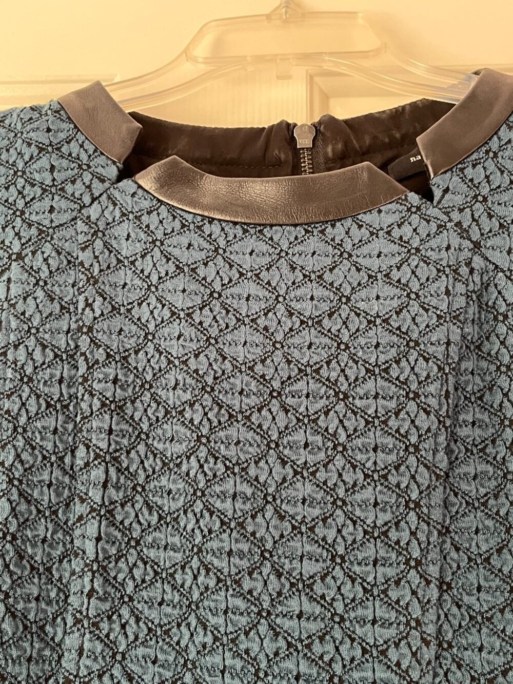 Nanette Lepore Teal & Black Jacquard Sheath Dress with Leather Collar (US 4) - Picture 2 of 3